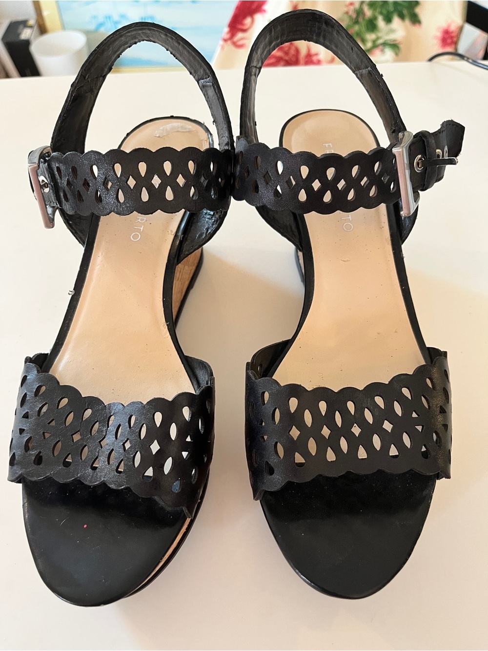 Franco Sarto Black Laser-Cut Wedge Sandals Size 9 1/2